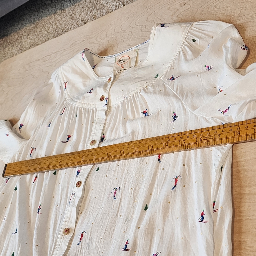 Anthropologie 23 of 52 Conversations Novelty Ski Winter Scene Button Up Blouse - Picture 9 of 15